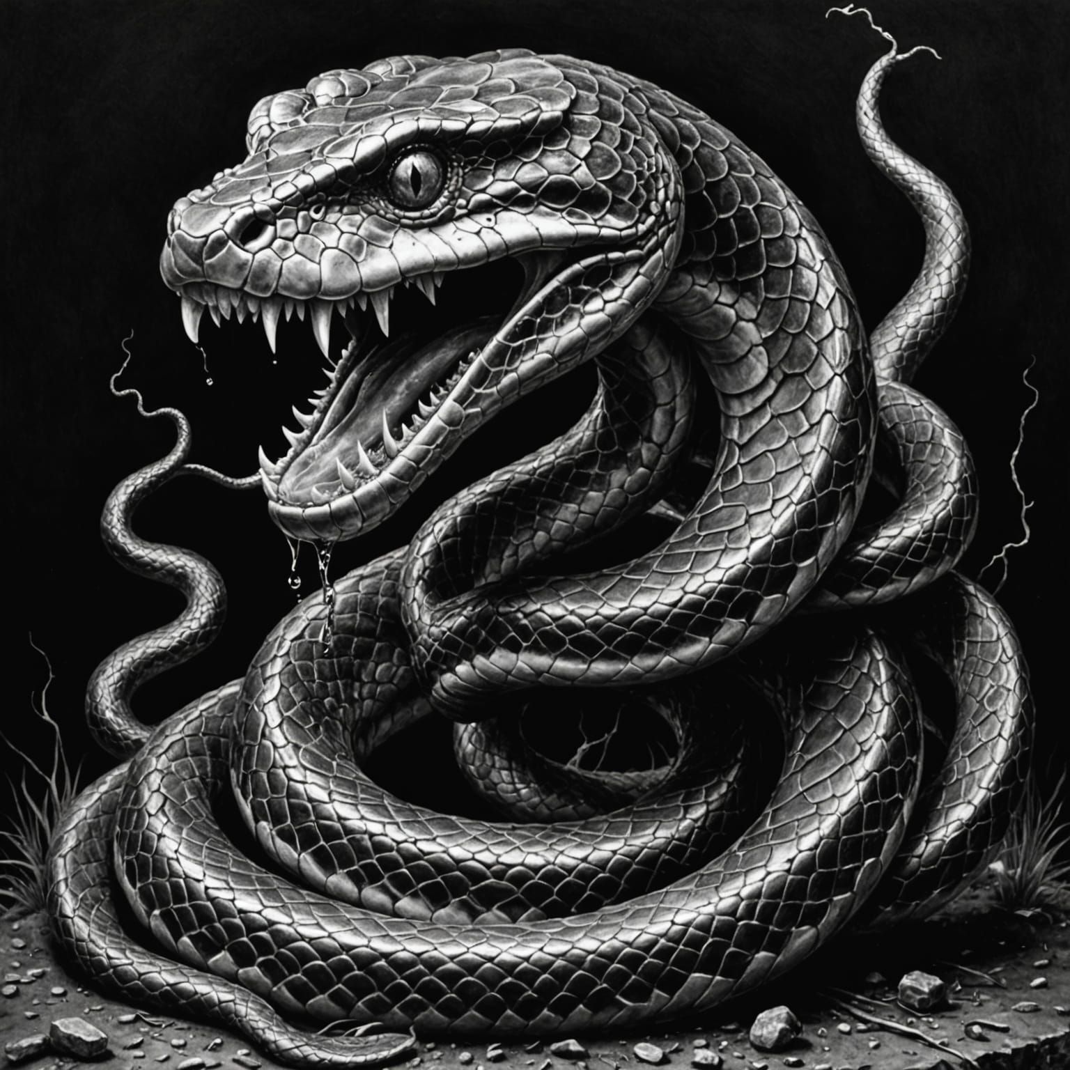 Hyperrealistic Snake Drawing in Charcoal and Silver