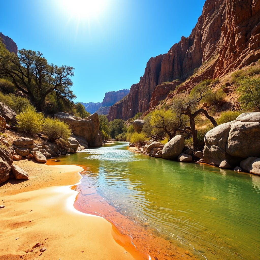 Surreal Desert Oasis with Ancient Oak Trees and Winding Rive...