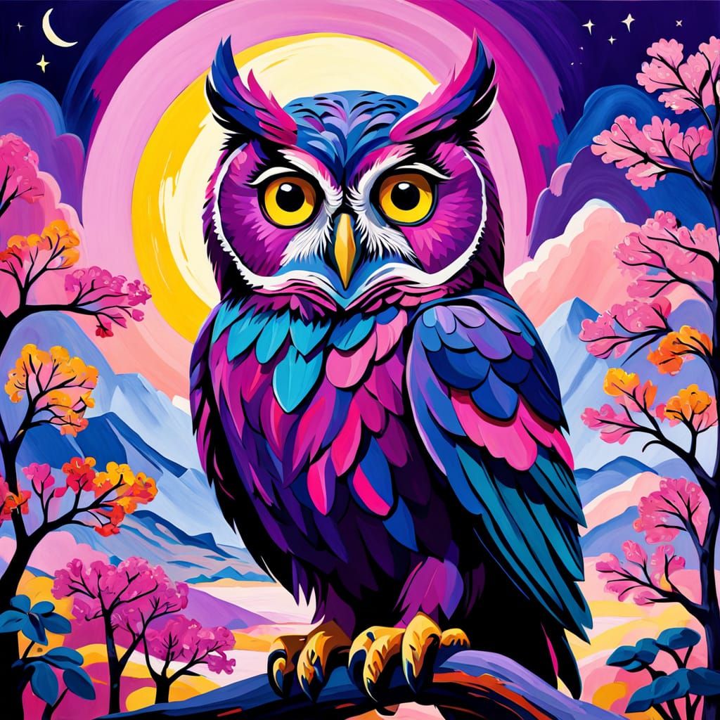 Purple owl with big, crystal-like eyes staring at the big, f...