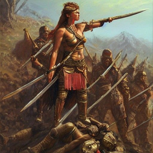 Female Warrior's Victory: An Oil Painting