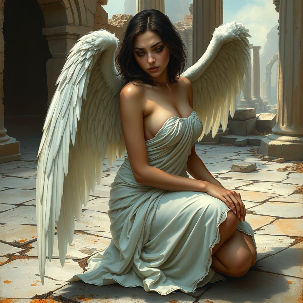 Fallen Angel Weeping in Ruined City: Classical Painting