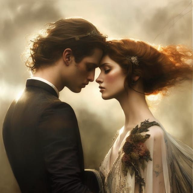 Romantic Kiss in a Hyperrealistic Floral Scene