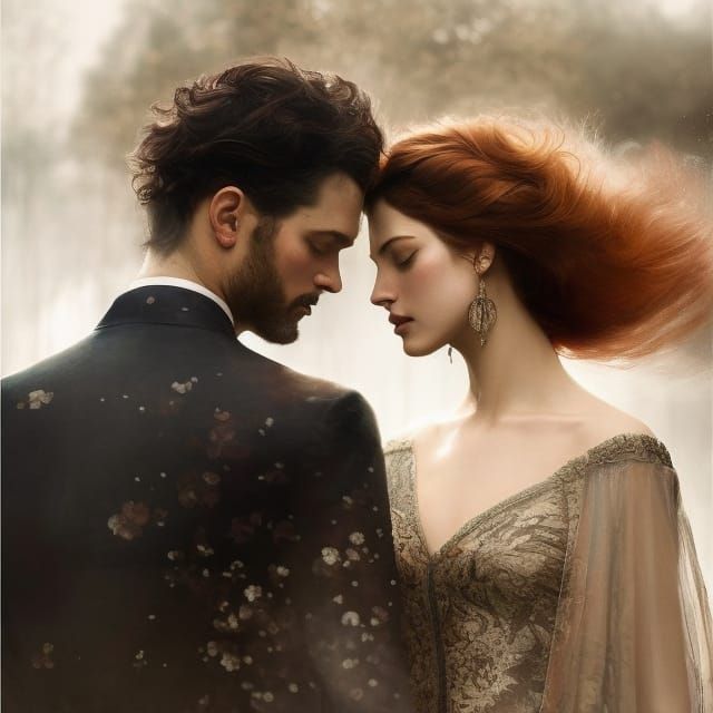 Romantic Kiss in a Hyperrealistic Floral Scene