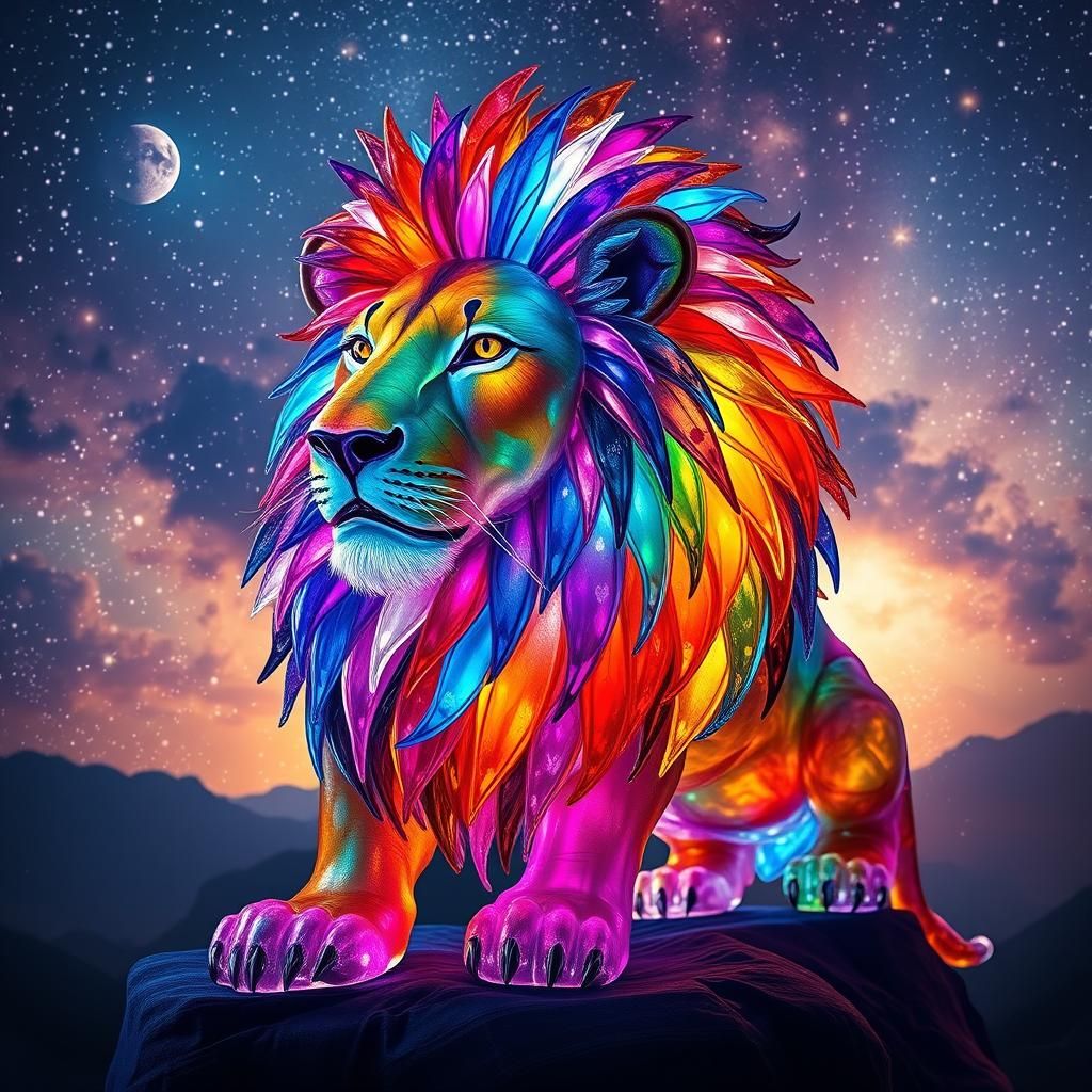 Neon Glass Lion in a Starry Galaxy