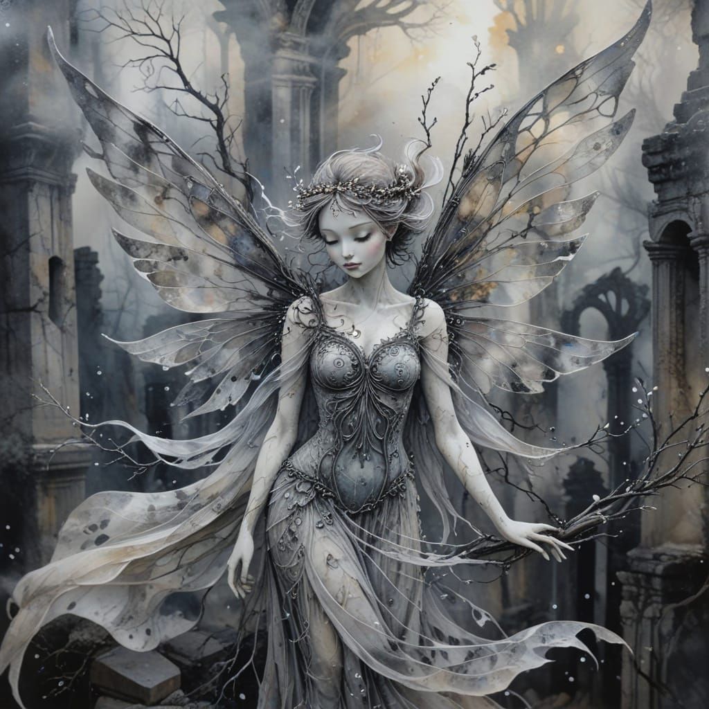Ethereal Fairy Among Ancient Ruins in Watercolor