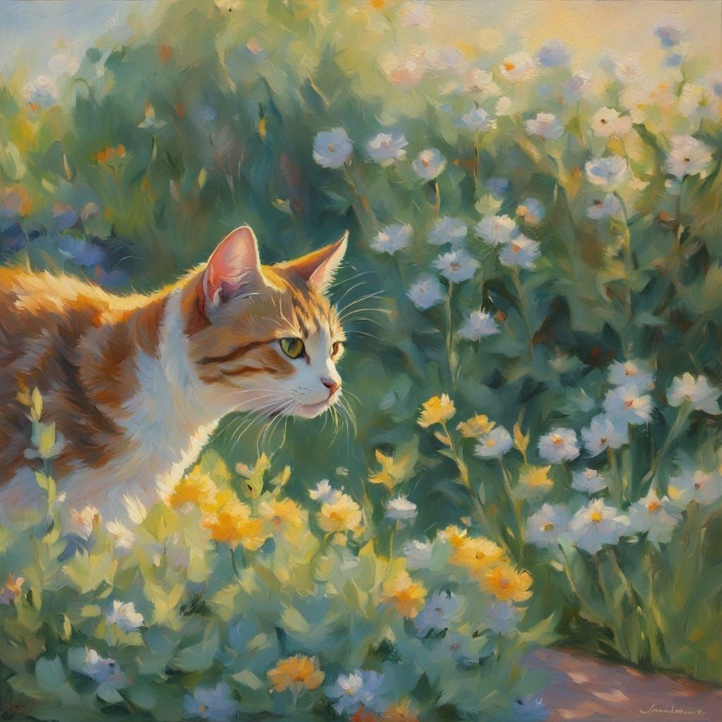 Impressionist Cat in Garden as Monet Painting