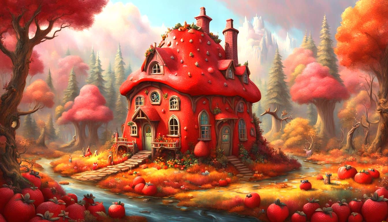 Whimsical Strawberry Cottage in Autumn Forest