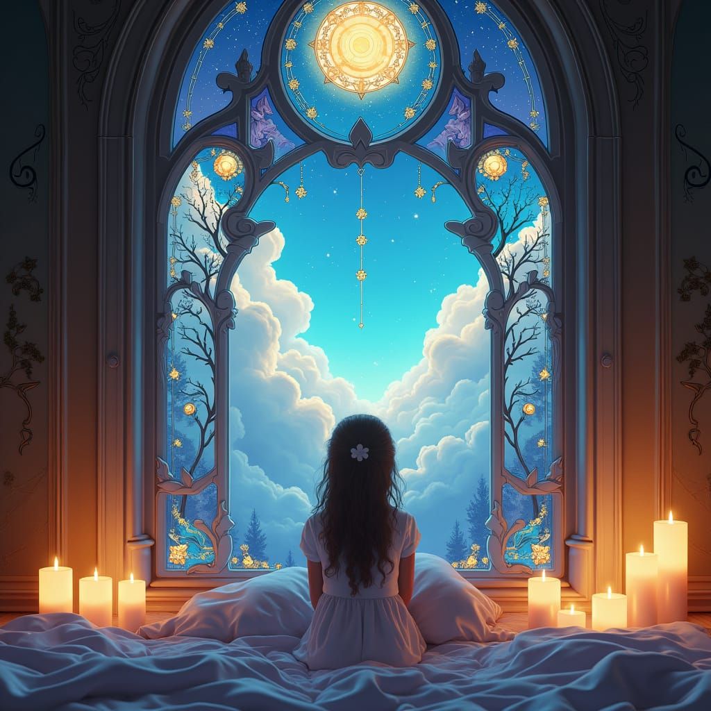 Enchanted Girl Gazing at Dreamlike Landscape