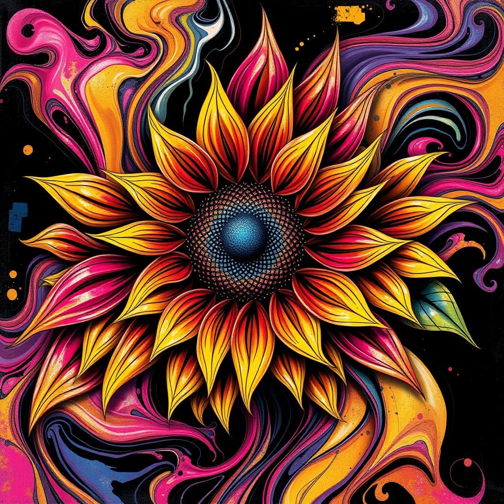 Vibrant Liquid Metal Sunflowers in Street Art Style