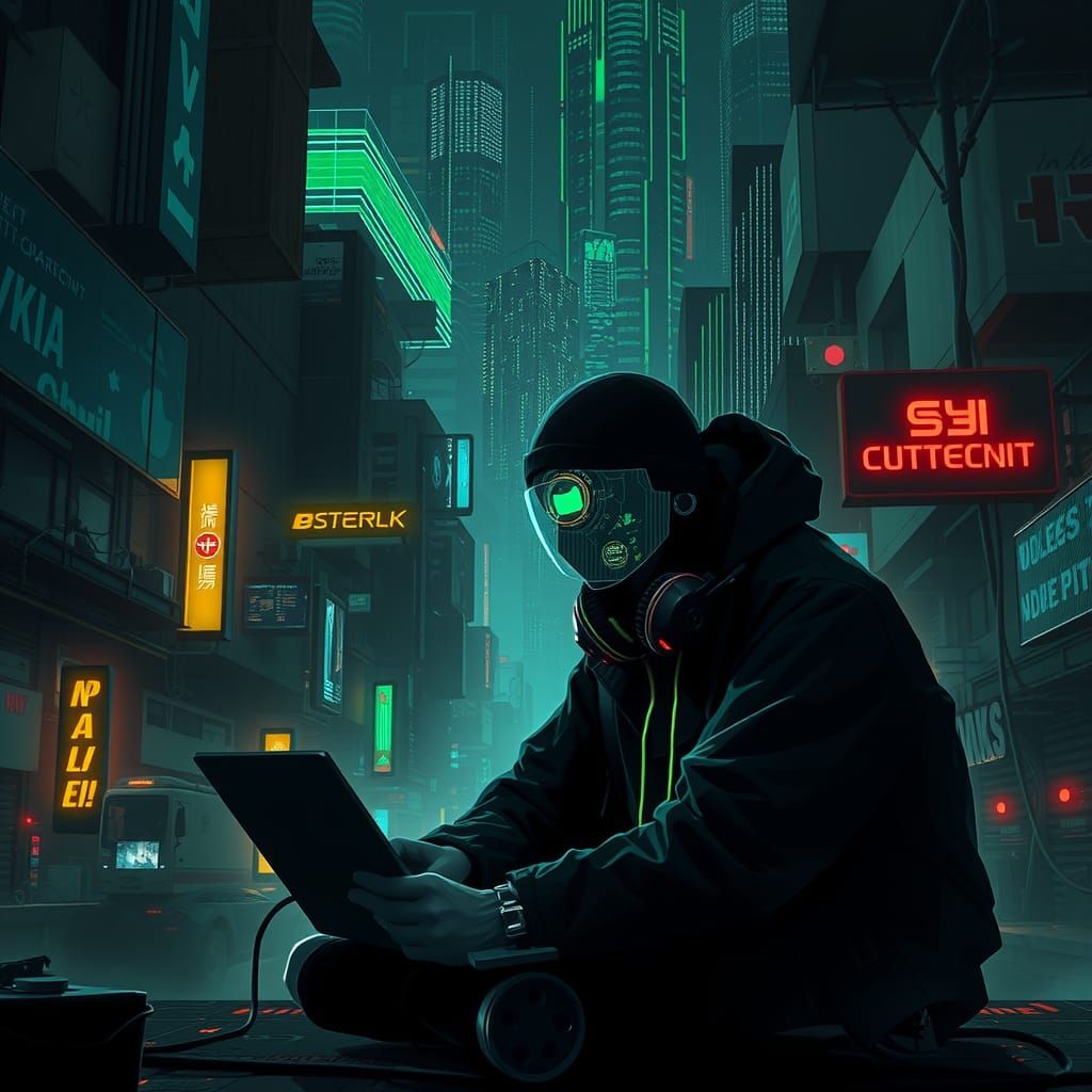 Neon Green Cyberpunk Hacker in Pointillism Style