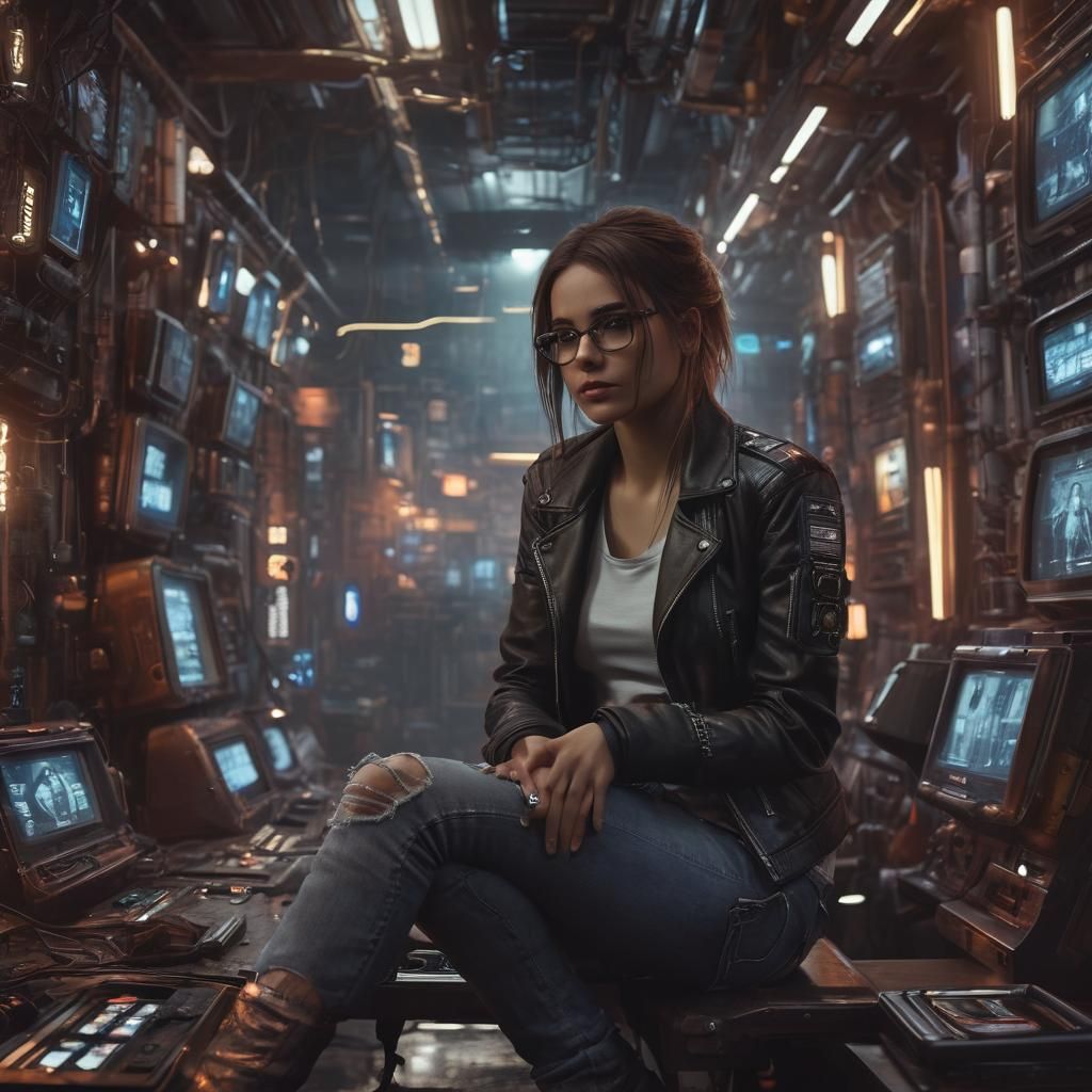 Cyberpunk Woman Portrait in High-Tech Lair