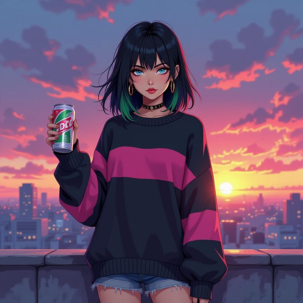 Emo Woman on Rooftop at Sunrise in Anime Style