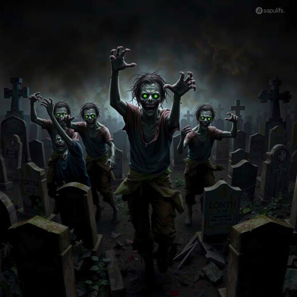 Undead Horde Emerges from Misty Cemetery at Dusk