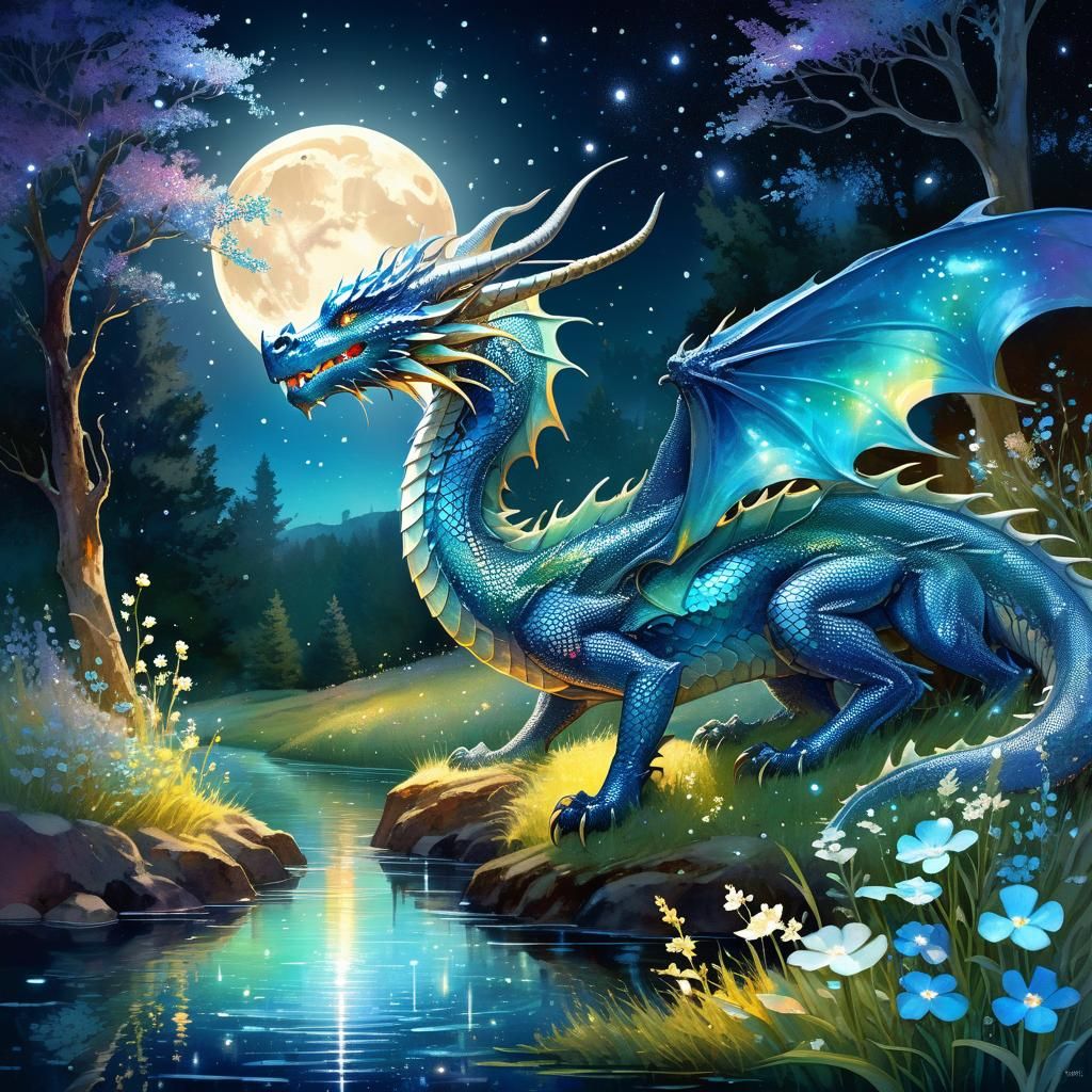 Iridescent Dragon Drinks in Moonlit Forest Glade