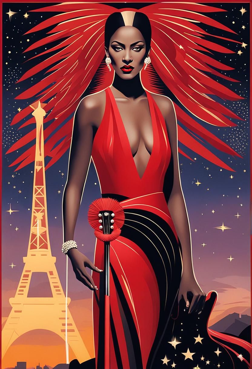 Elegant Woman with Guitar in Art Deco Portrait