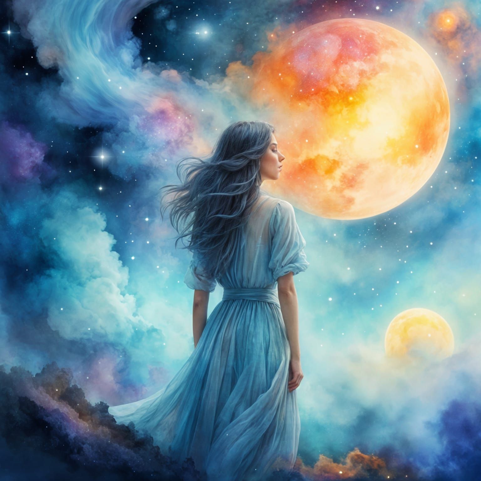 Cosmic Woman Gazing at Nebulae in Watercolor Style