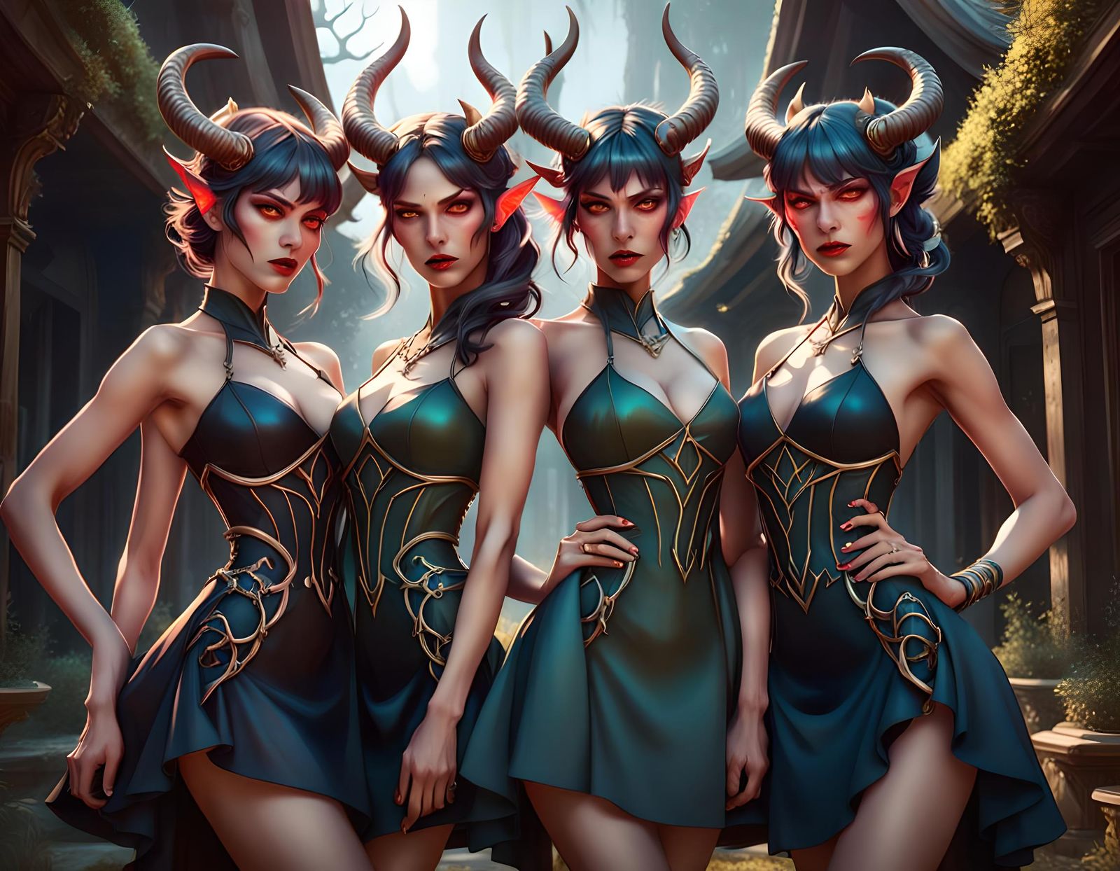 Horned Demon Girls Fashion in Movie Poster Style