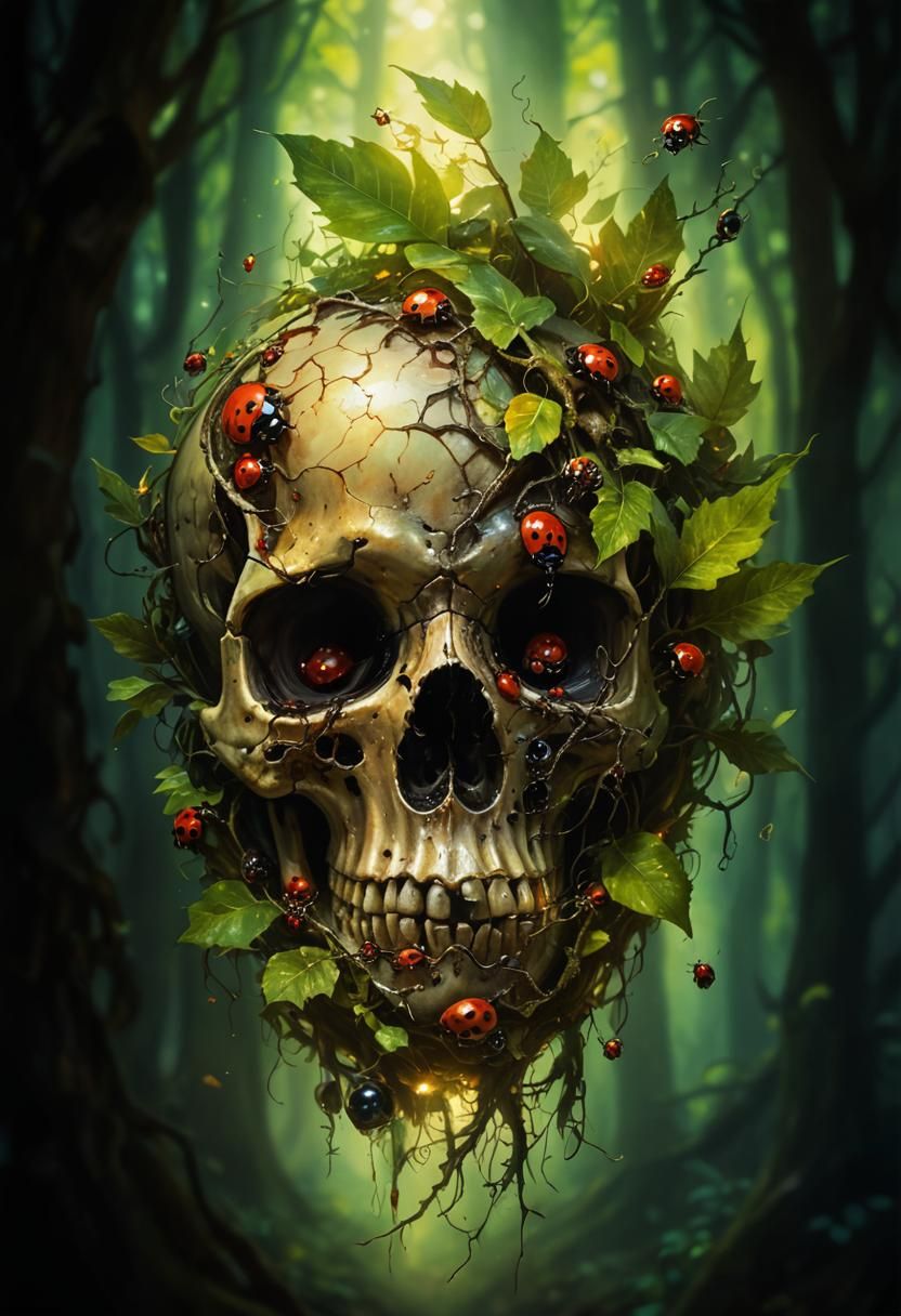 Ladybugs Crawling on Skull in Mystical Forest