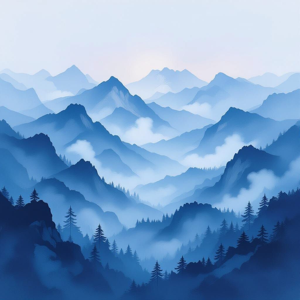 Misty Mountains Shrouded in Fog, Impressionist Gouache Art