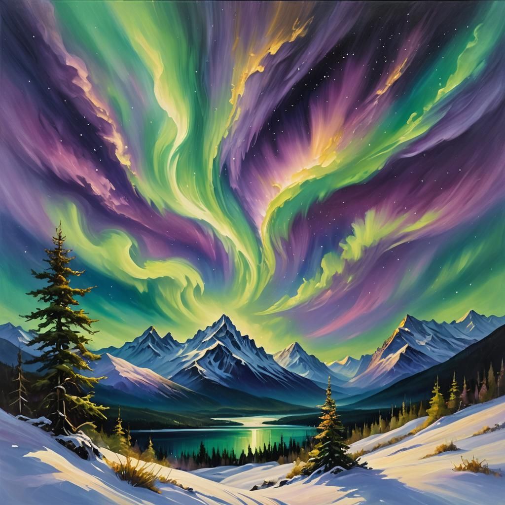 Aurora Borealis Oil Painting with Gold Leaf Details