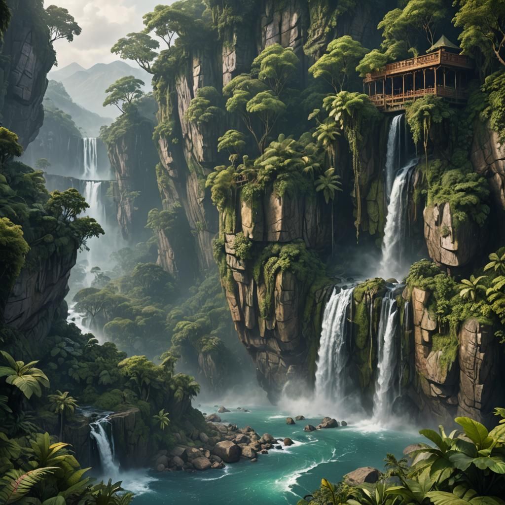 Cliffside Home in Jungle, Detailed Matte Painting