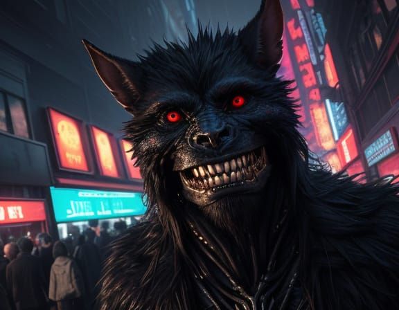 Grotesque Creature at Neon-Lit Surreal Party