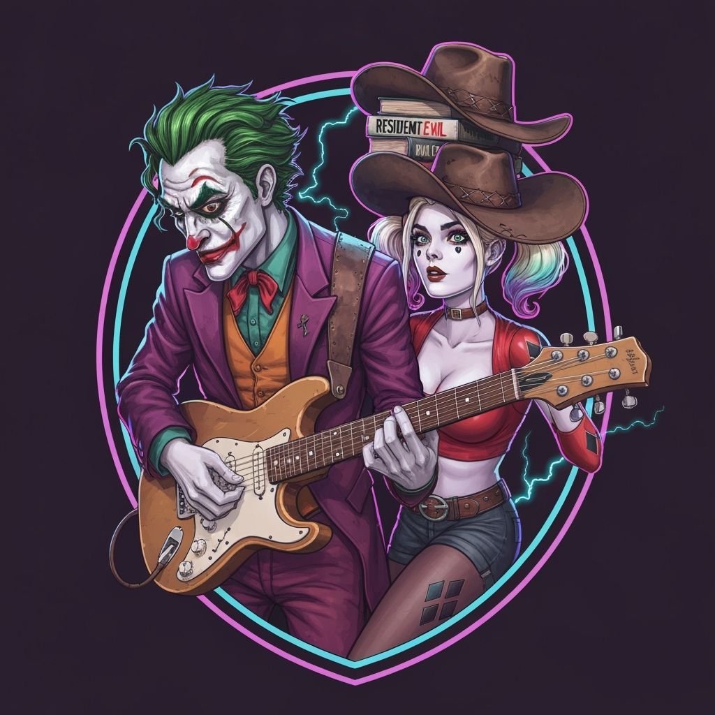 Joker & Harley Quinn Emblem with Cowboy Hat and Guitar