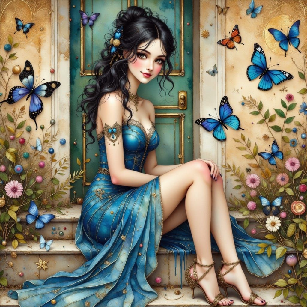 Cosmic Woman on Chateau Stairs in Oil and Watercolour