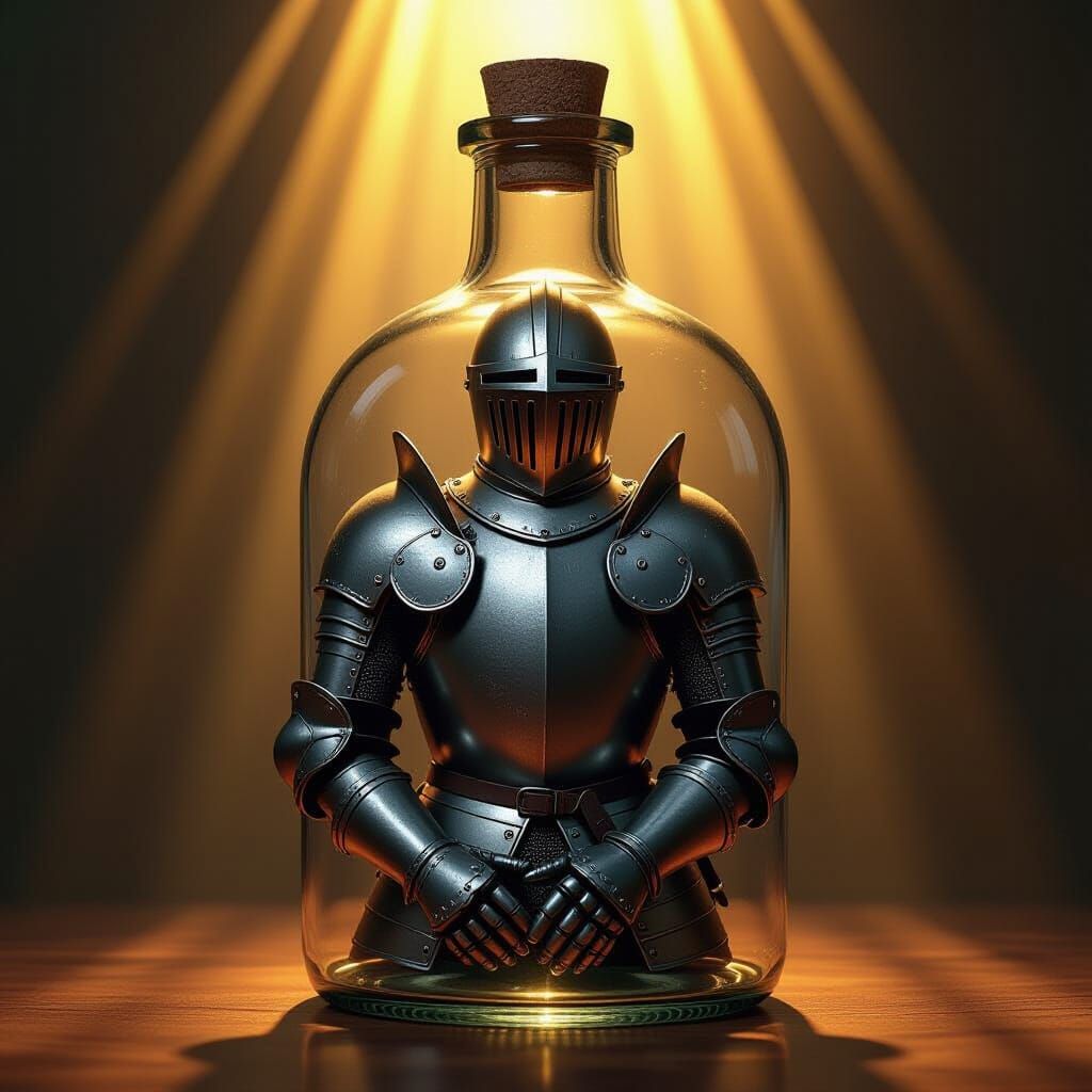Medieval Knight Armor Trapped in a Bottle with Golden Light