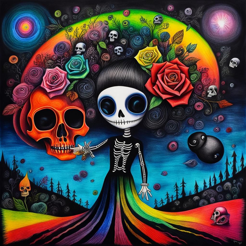 Surreal Crayon Drawing of Goth Woman with Fairy