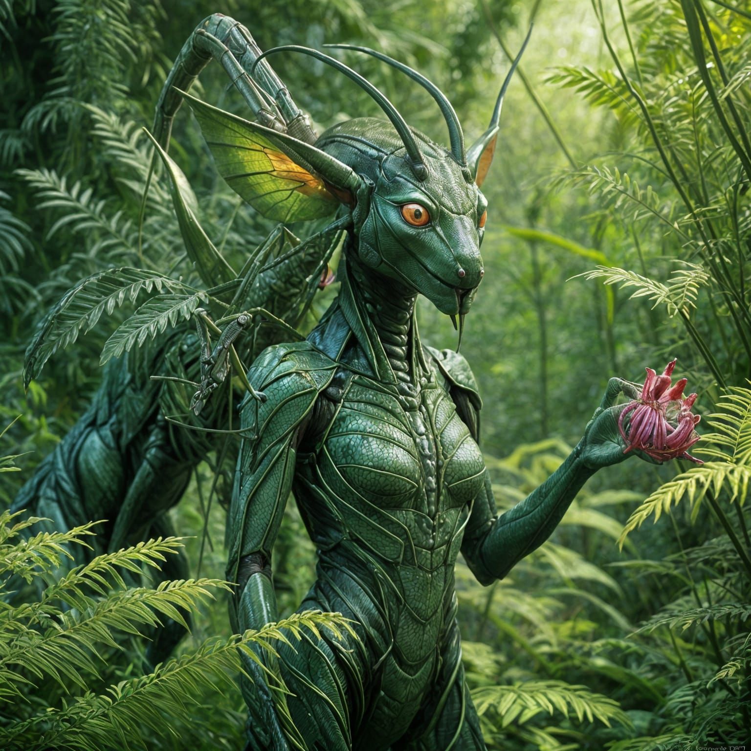 Hyperrealistic Portrait of a Mantis Woman in Ethereal Enviro...