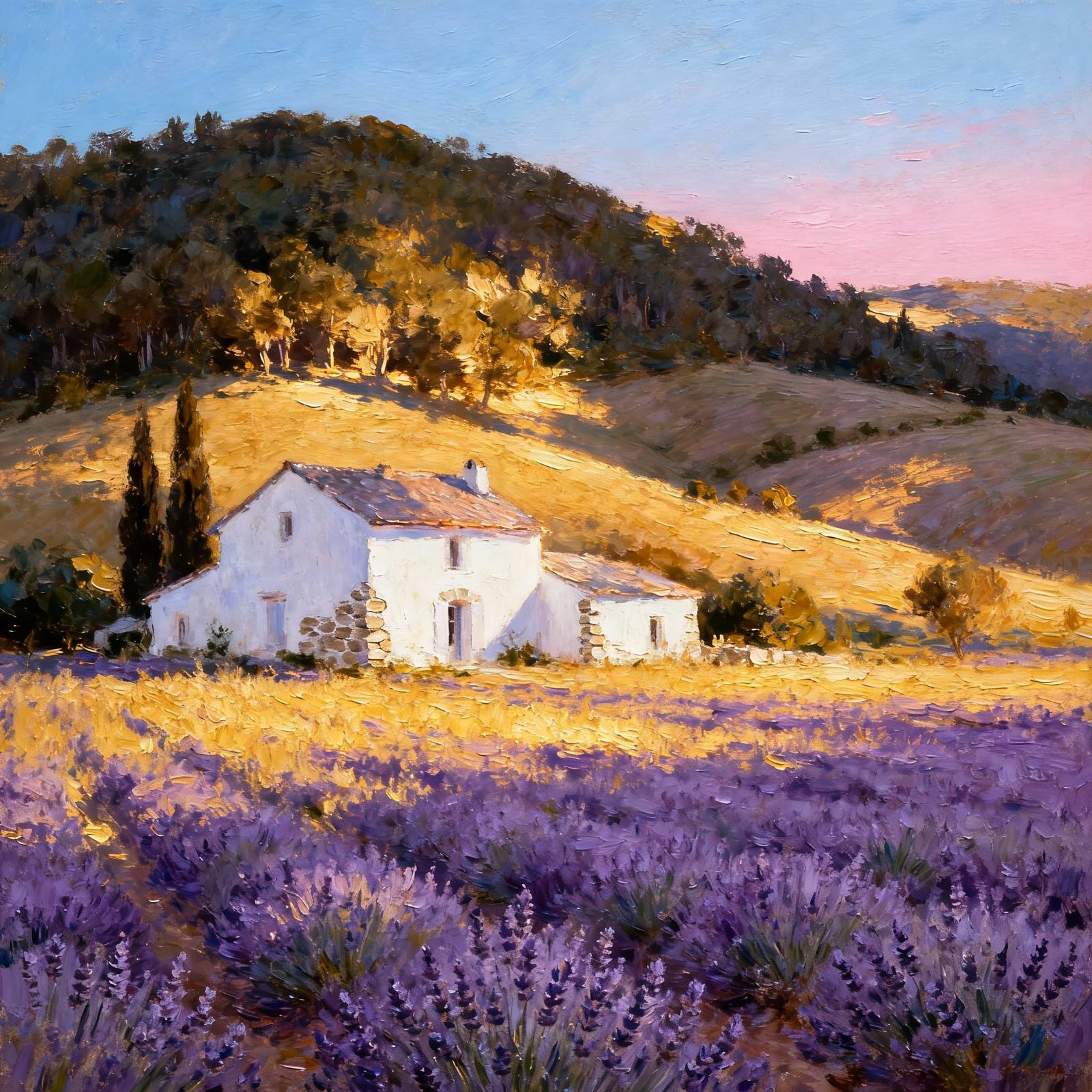 French Farmhouse in Hilly Lavender Field, Impressionistic St...
