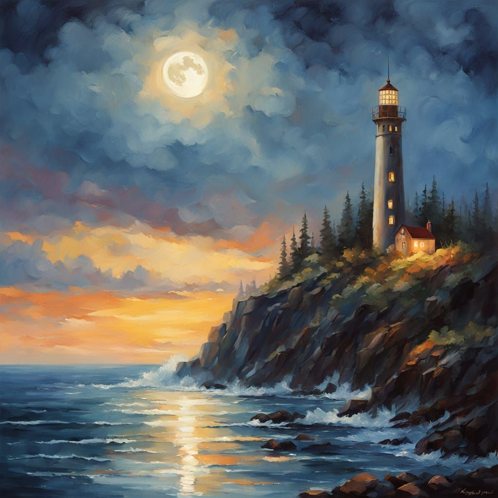 Luminous Nighttime Coastal Scene in Impressionistic Style