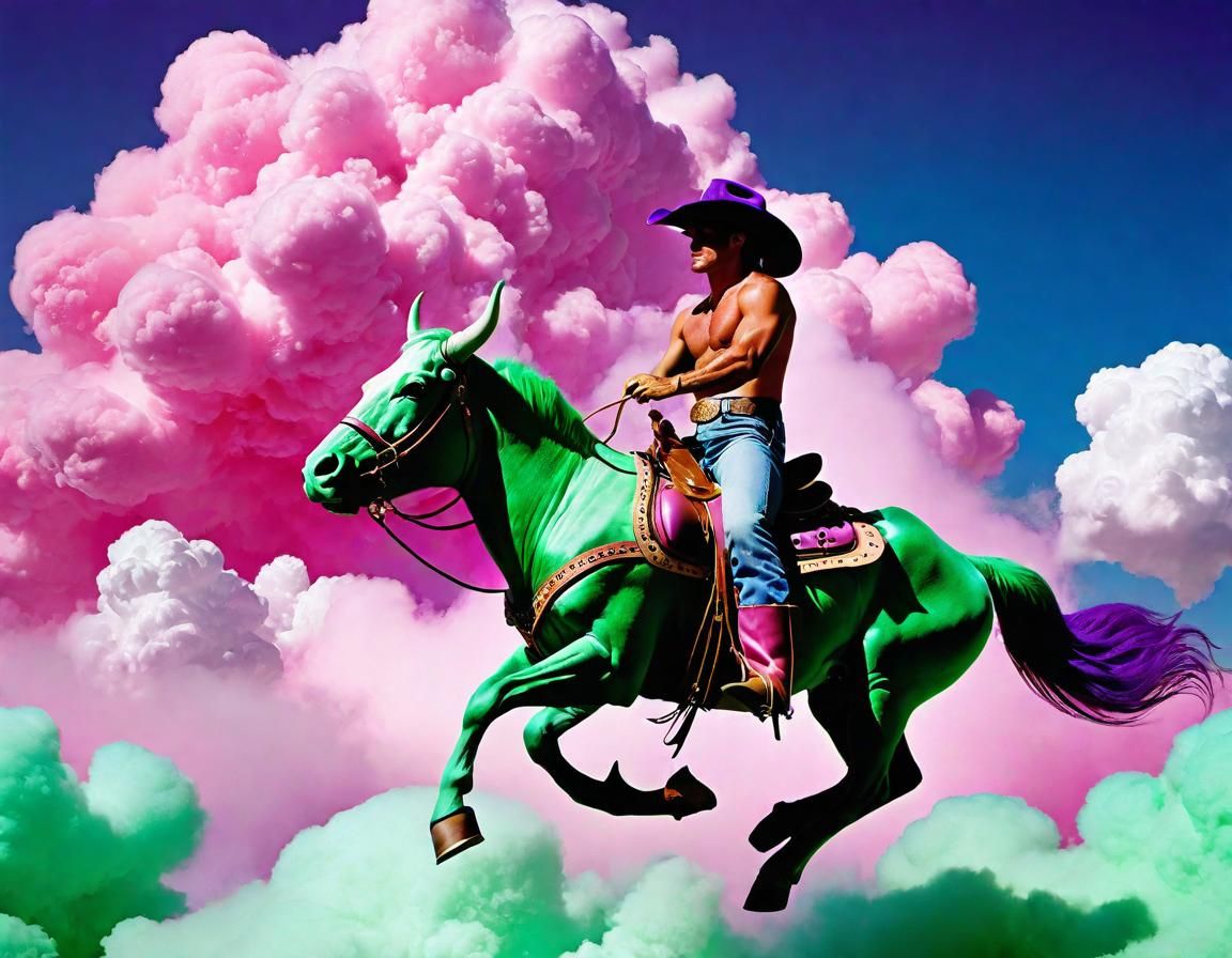 Cowboy Rides Green Bull in Surreal Sky
