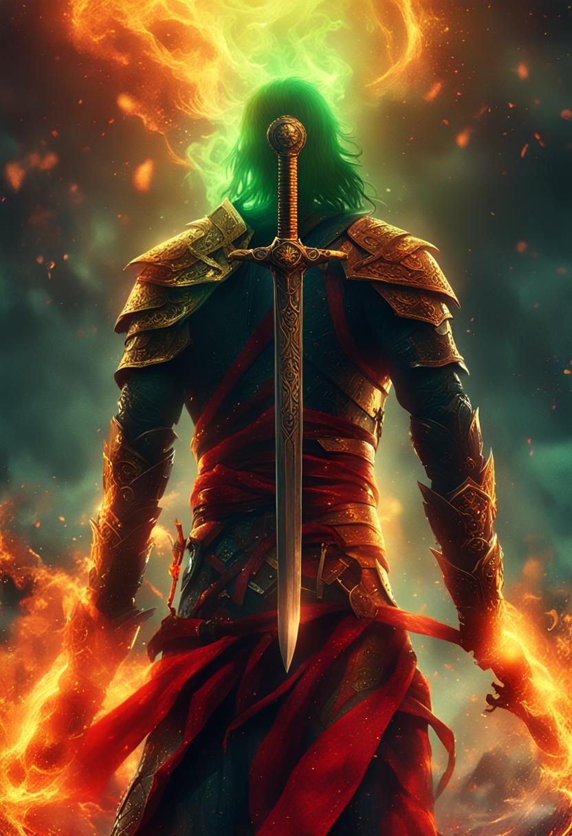 Prince Wields Fire Sword in the Night: Fantasy Art