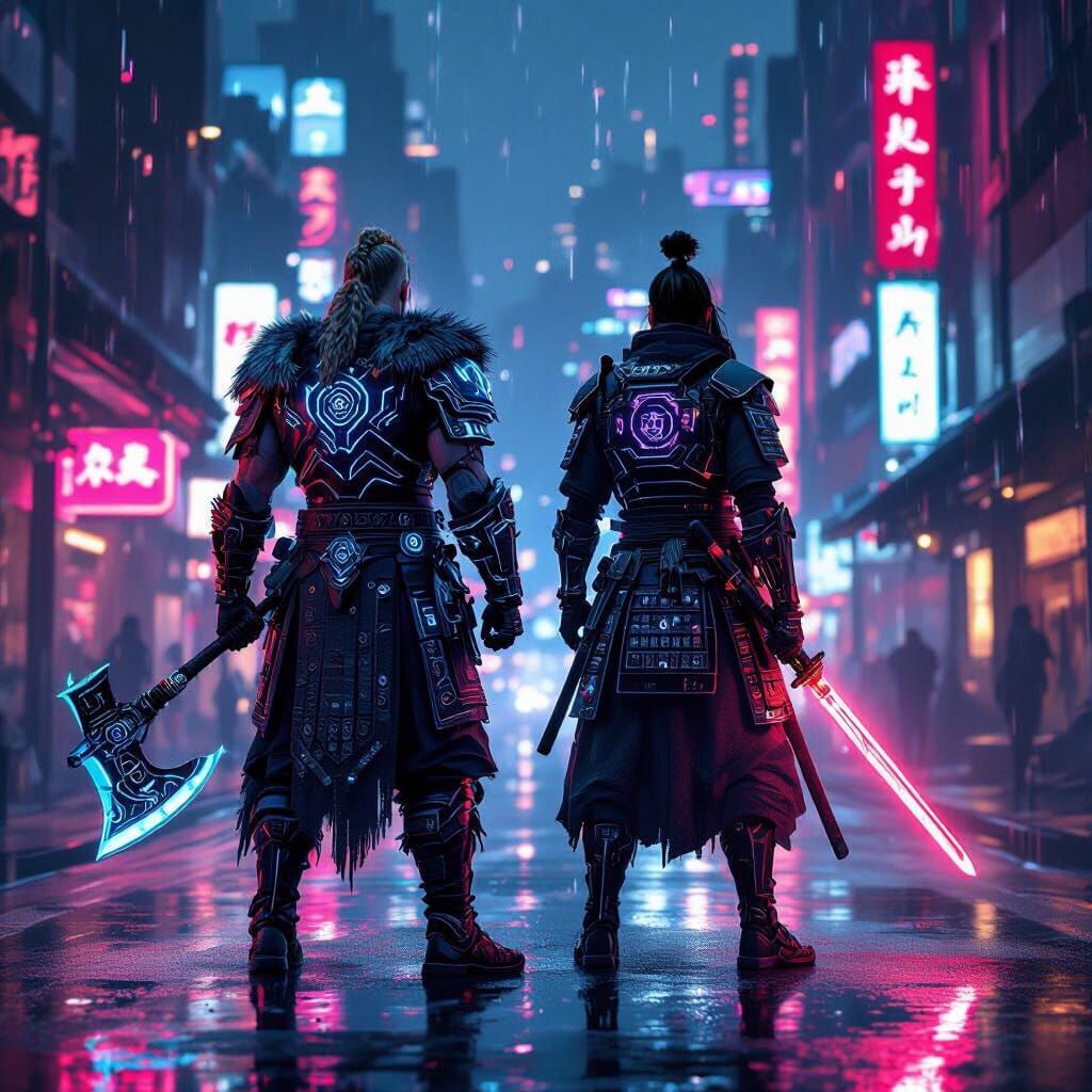 Futuristic Viking & Samurai in Neon City