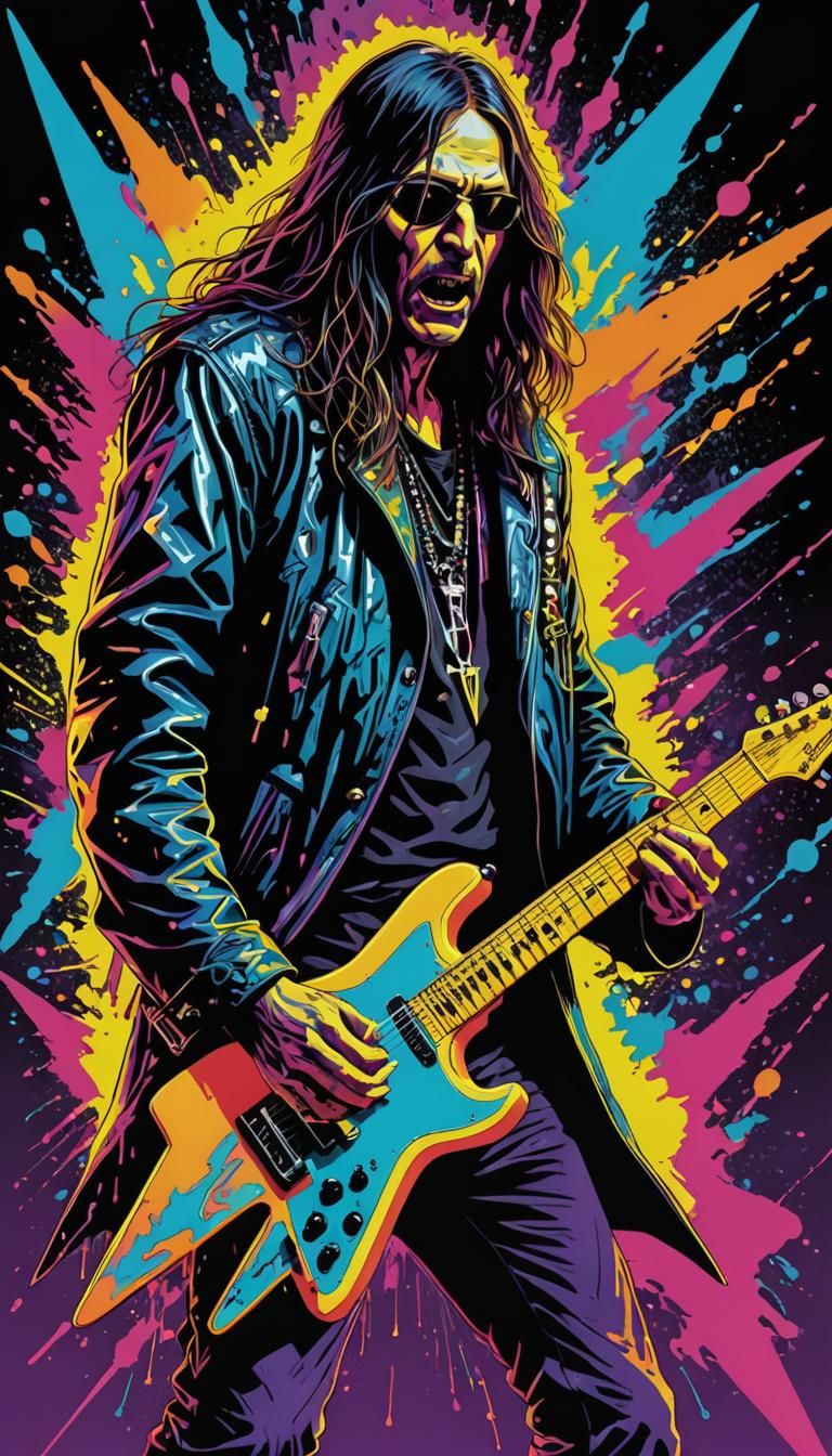 Psychedelic Guitarist in Neon Blacklight Poster Style