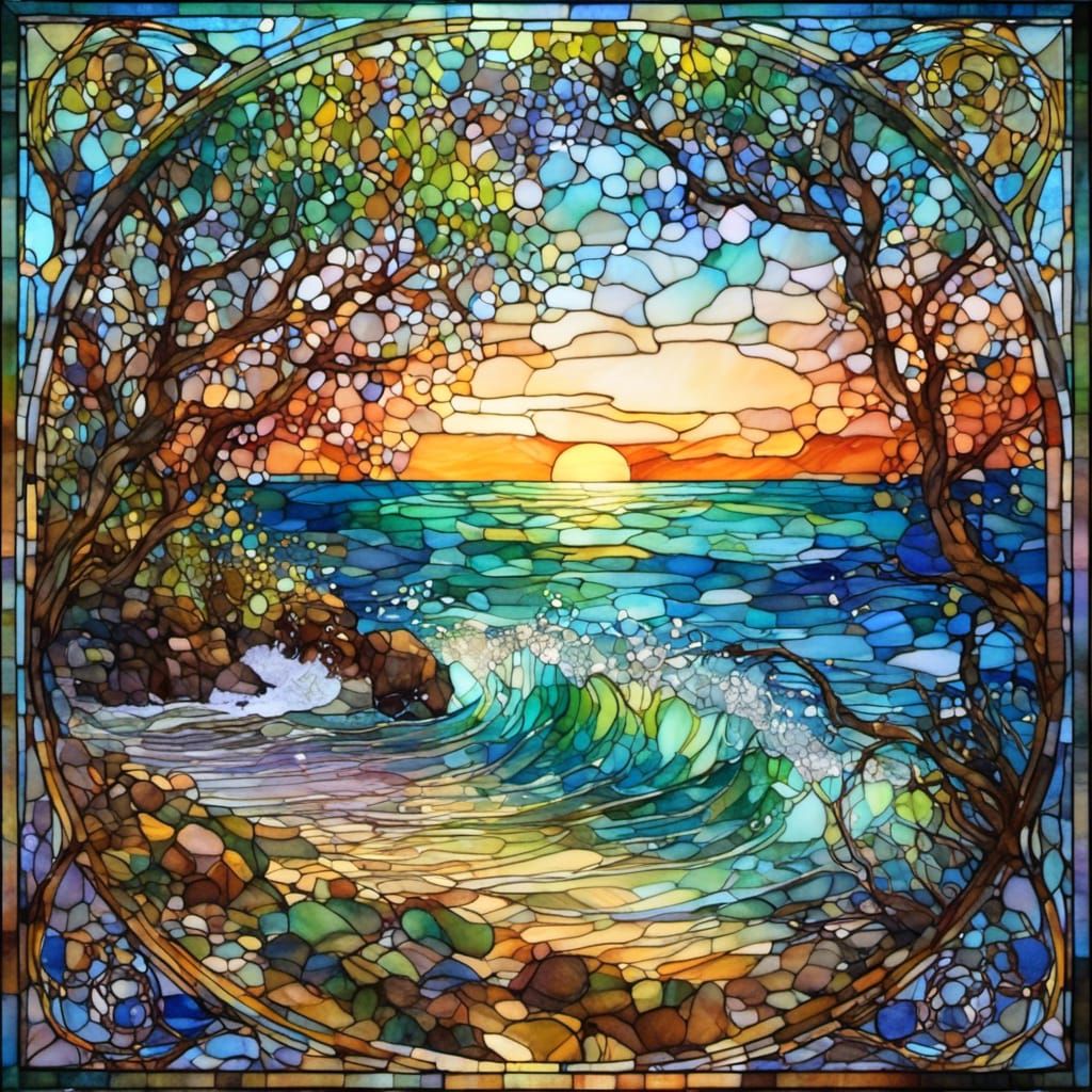 Stained Glass Beach Scene with Ocean Waves