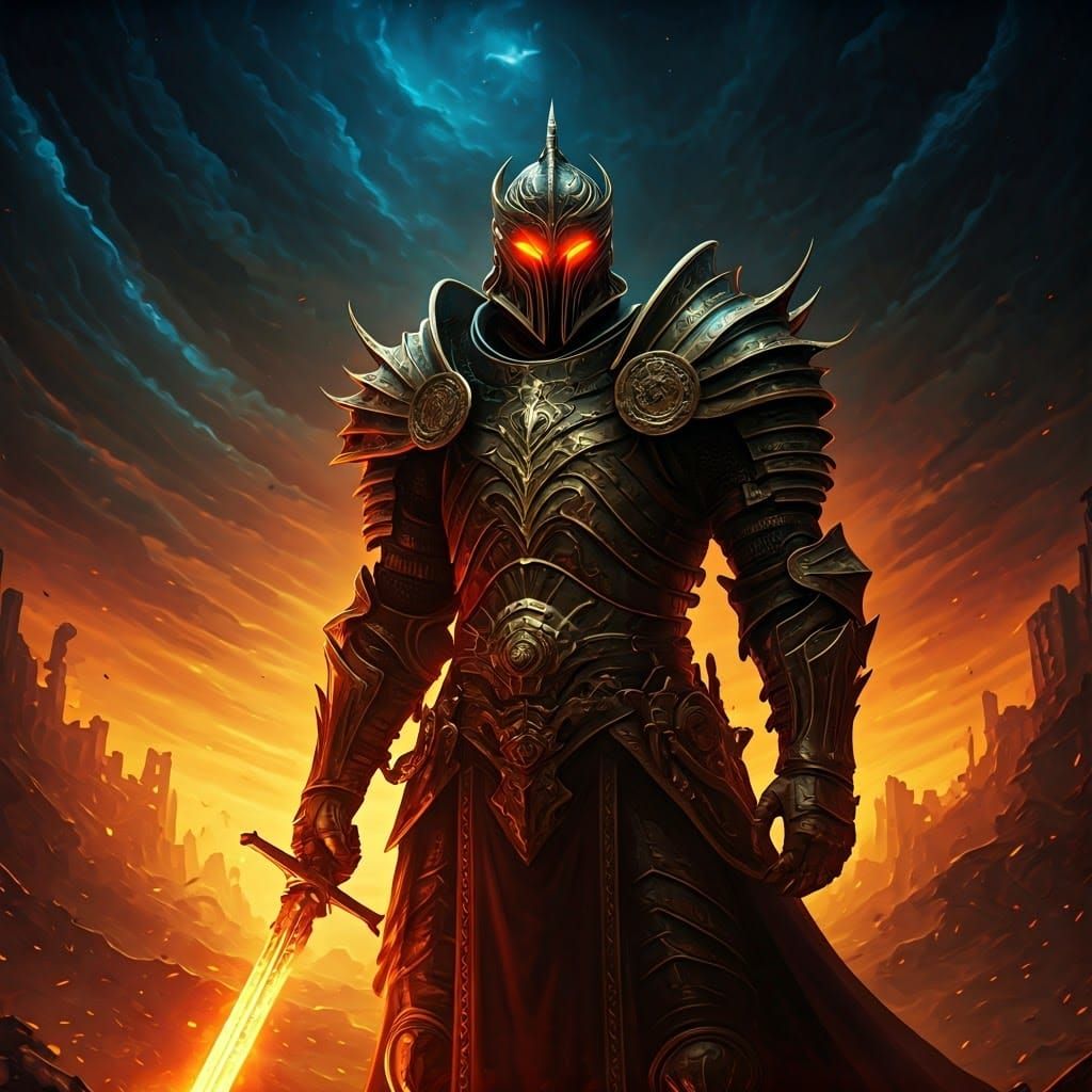 Armour-clad Avenger with glowing Sword.