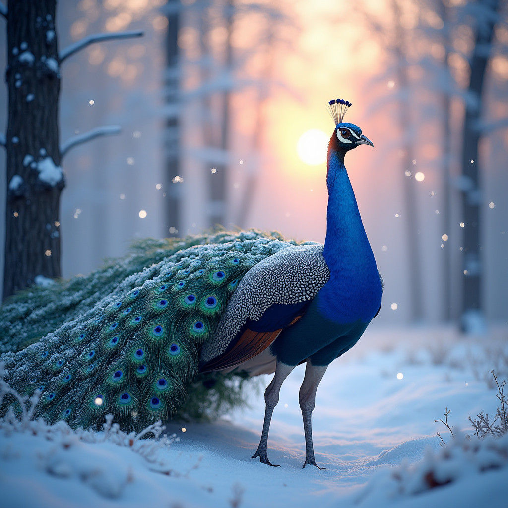 Peacock's Dance in Snowy Forest: Fantasy Concept Art