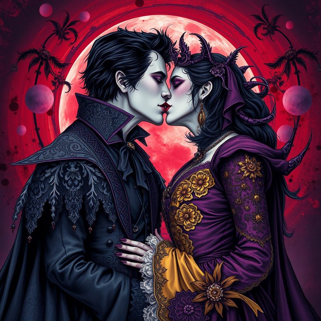 Vampires Kissing Before a Blood Moon in Gothic Style
