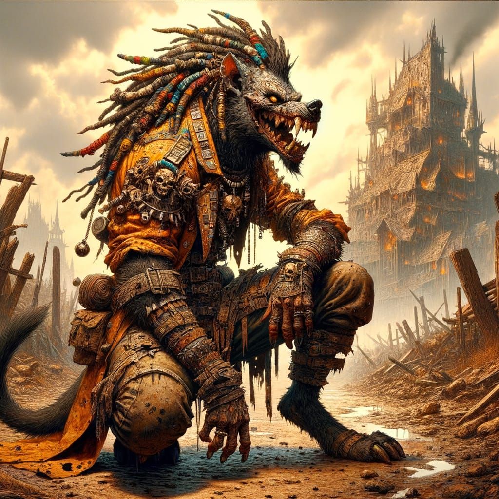 Warrior Gnoll in Burning City: Comic Book Style