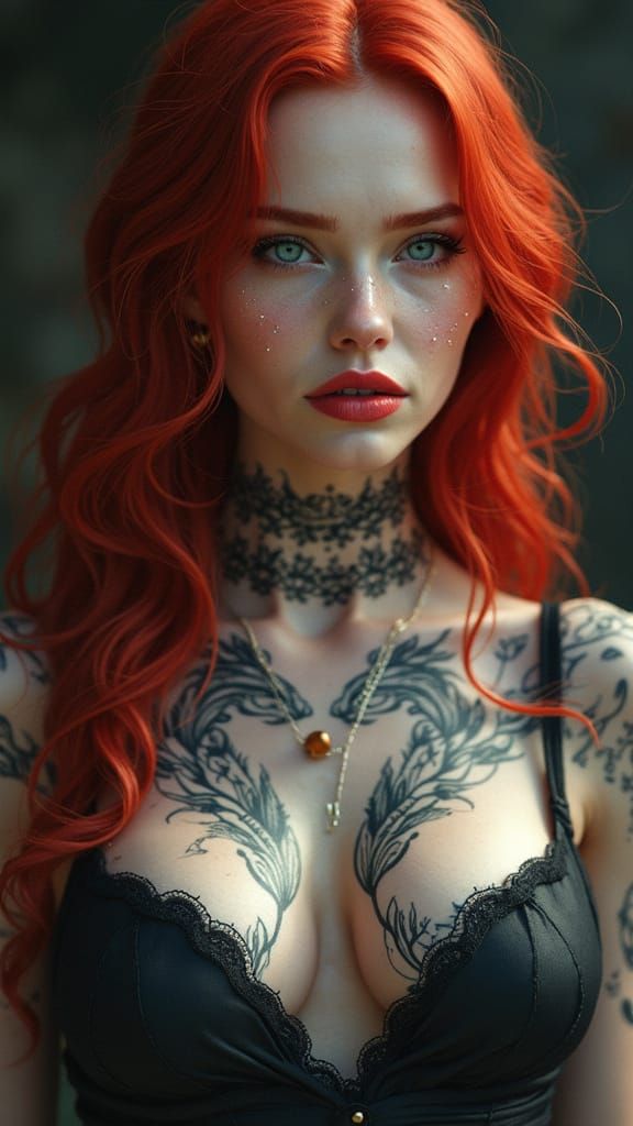 Ruby Red Goddess with Intricate Tattoos and Celestial Beauty