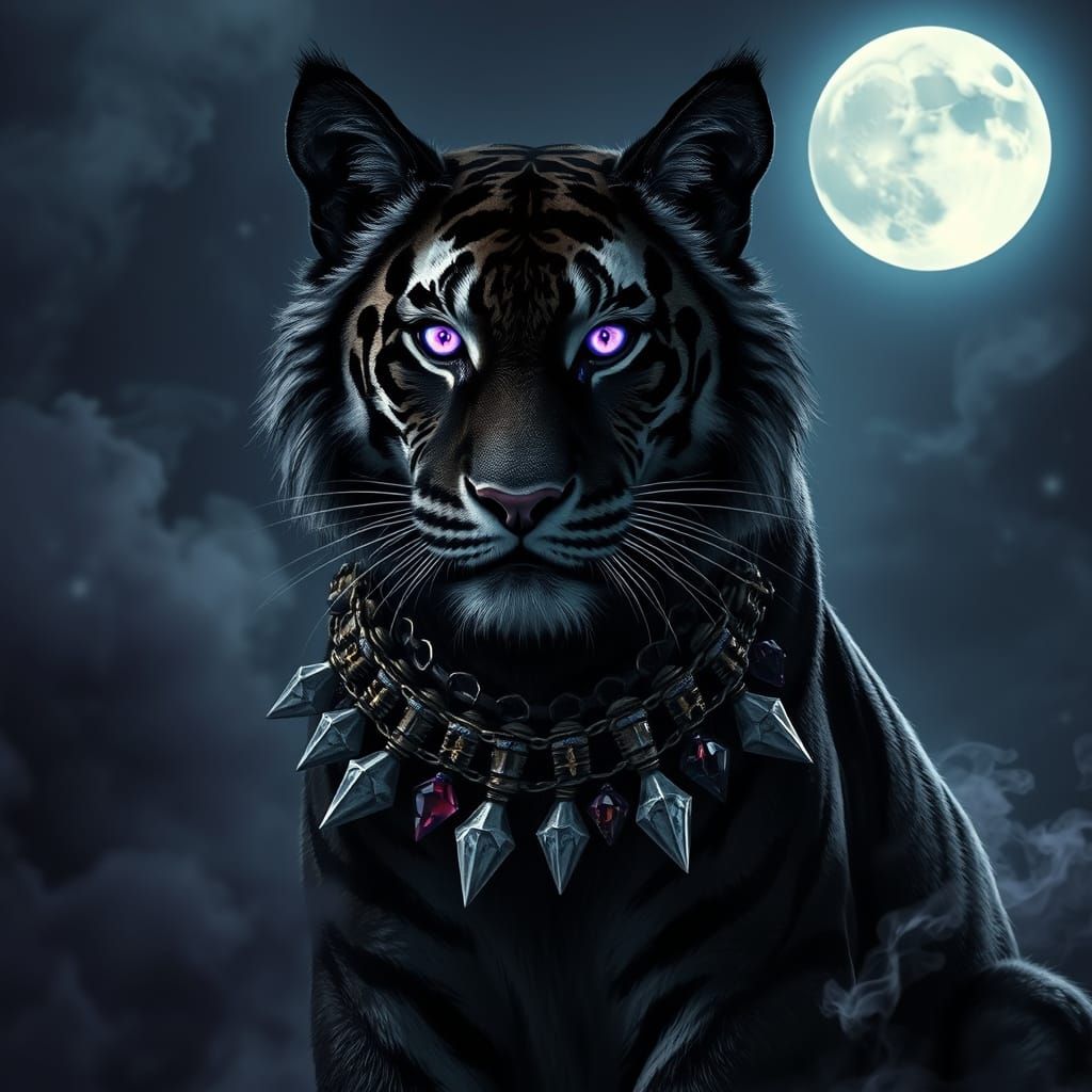 Glowing Black Tiger Statue Under Moonlight