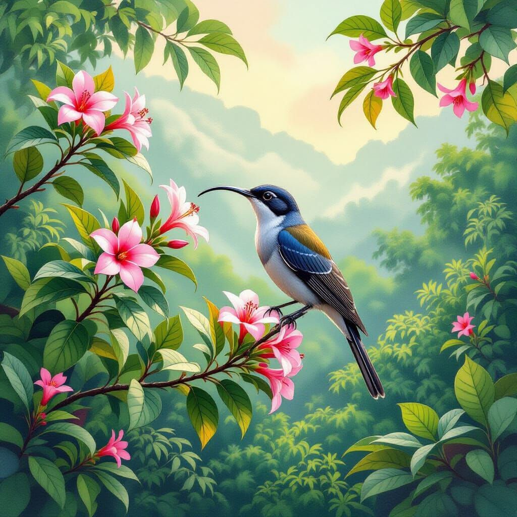 Extinct Oʻahu ʻakialoa Bird in Dreamy Watercolor
