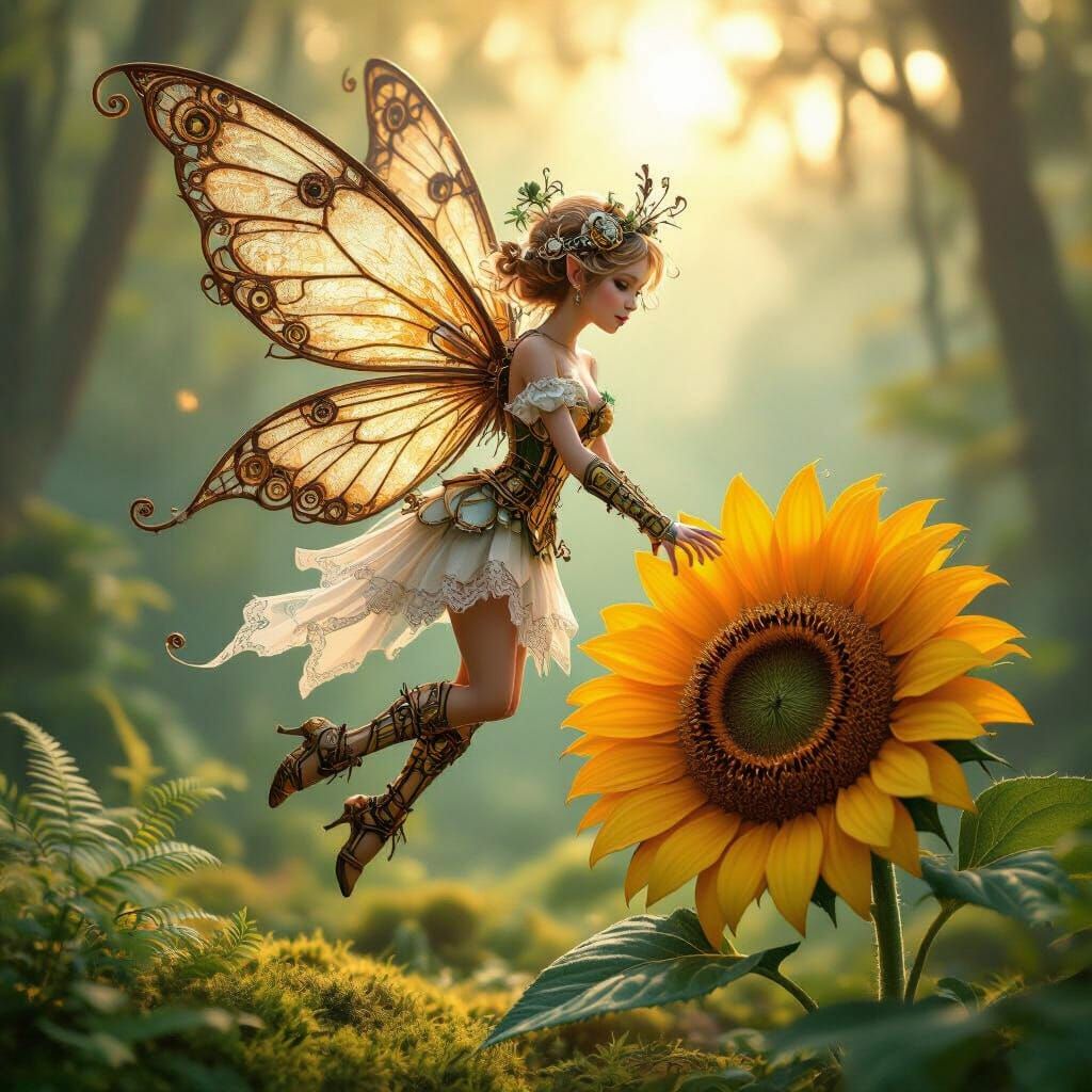 Steampunk Fairy Hovering Above Sunflower