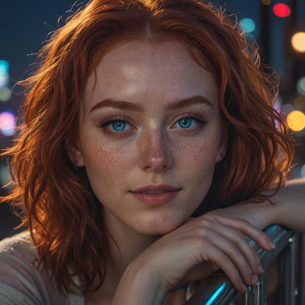 Redhead in Cyberpunk Cityscape: Digital Portrait