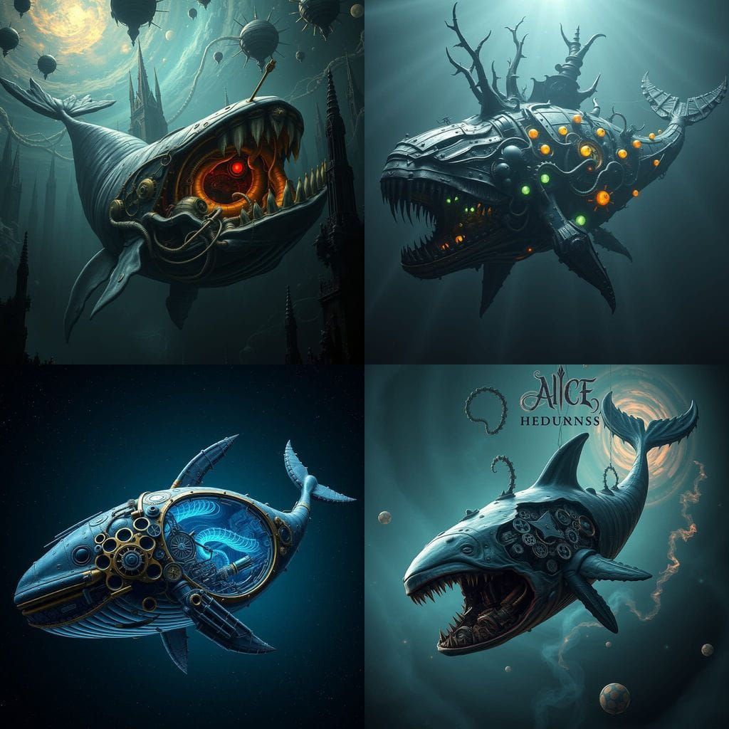 Cosmic Whale with Mechanical Cogs in Dark, Intricate Scenery