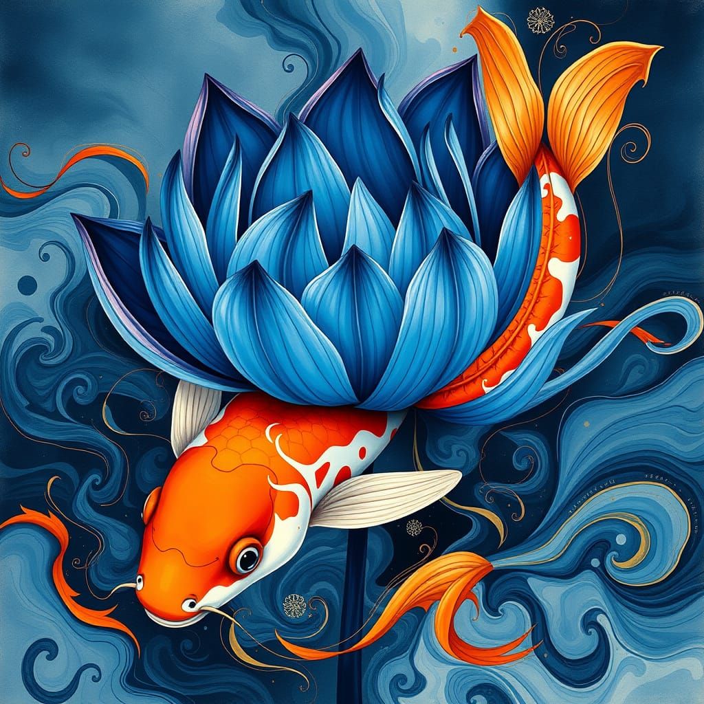 Surreal Lotus Blooms into Vibrant Carp in Abstract Fusion