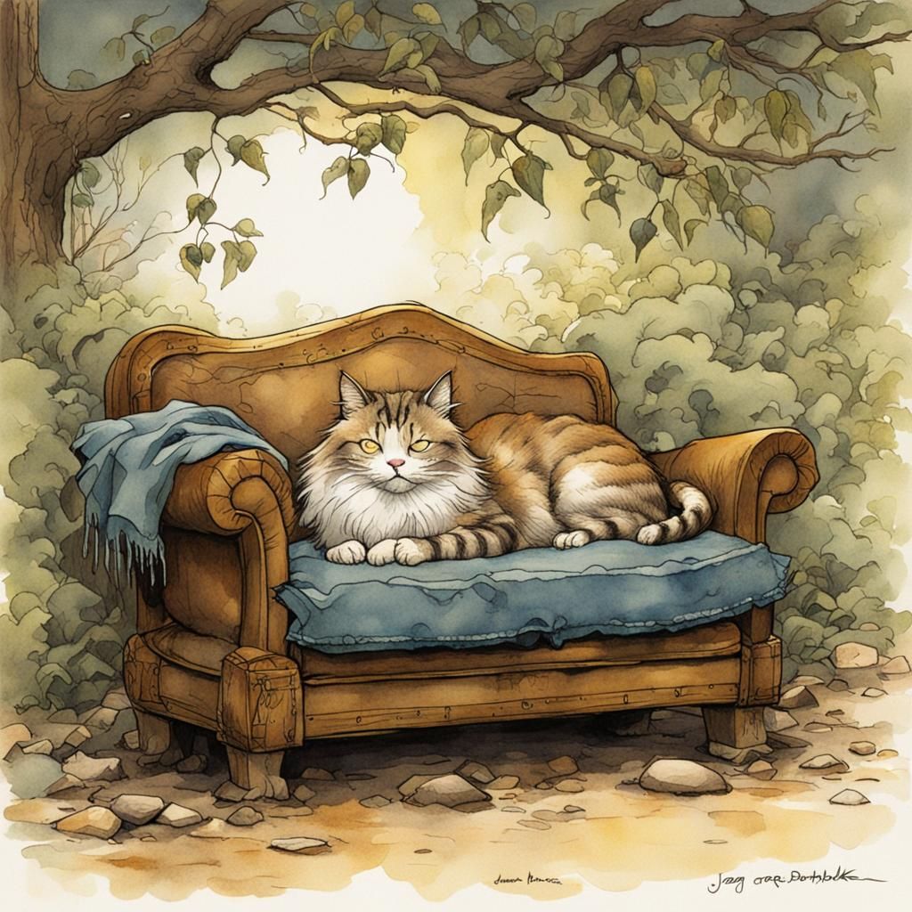 Cat Nap in Living Room, Watercolor Style